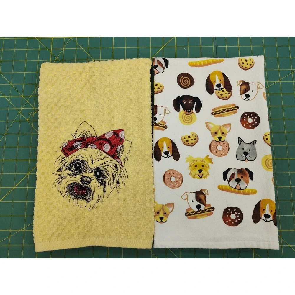 YORKIE Dog With Headband Kitchen Bath Hand Bar Towel Set of 2 Great Gift Idea!